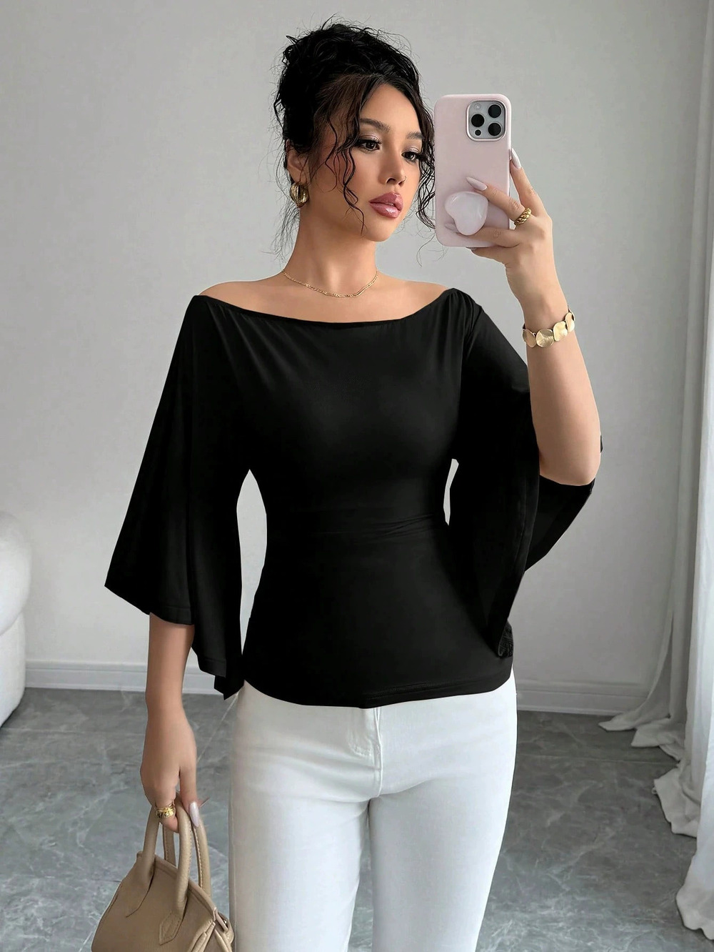 ZARA Vintage Elegant Goddess Black Off Shoulder Flared Short Sleeve Fitted Top